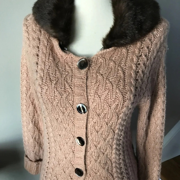 Ballinger Gold Camel Cable Knit  Fur Cardigan  SM - Picture 7 of 8